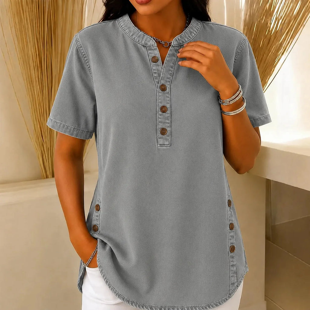 Holly Women Henley Tunic Top with Side Buttons, colour: Grey Wash