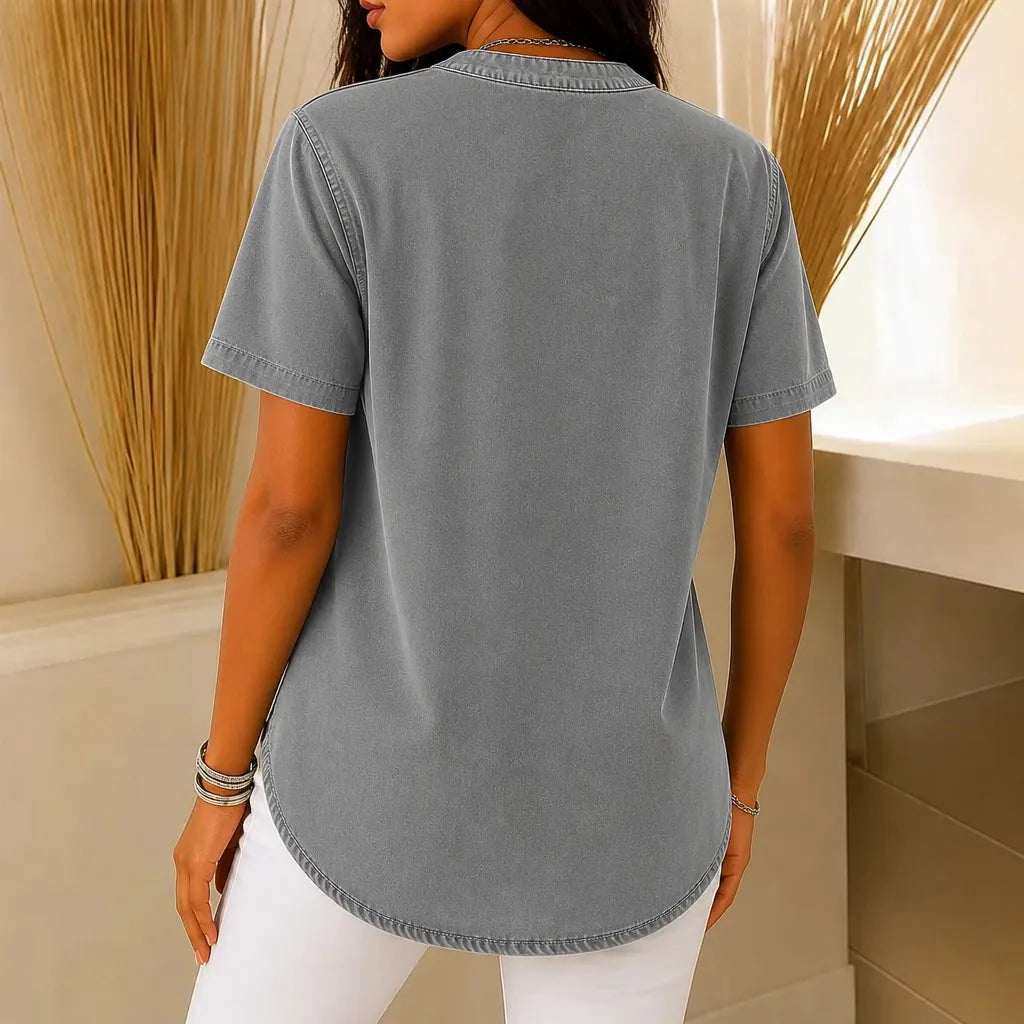 Holly Women Henley Tunic Top with Side Buttons, colour: Grey Wash