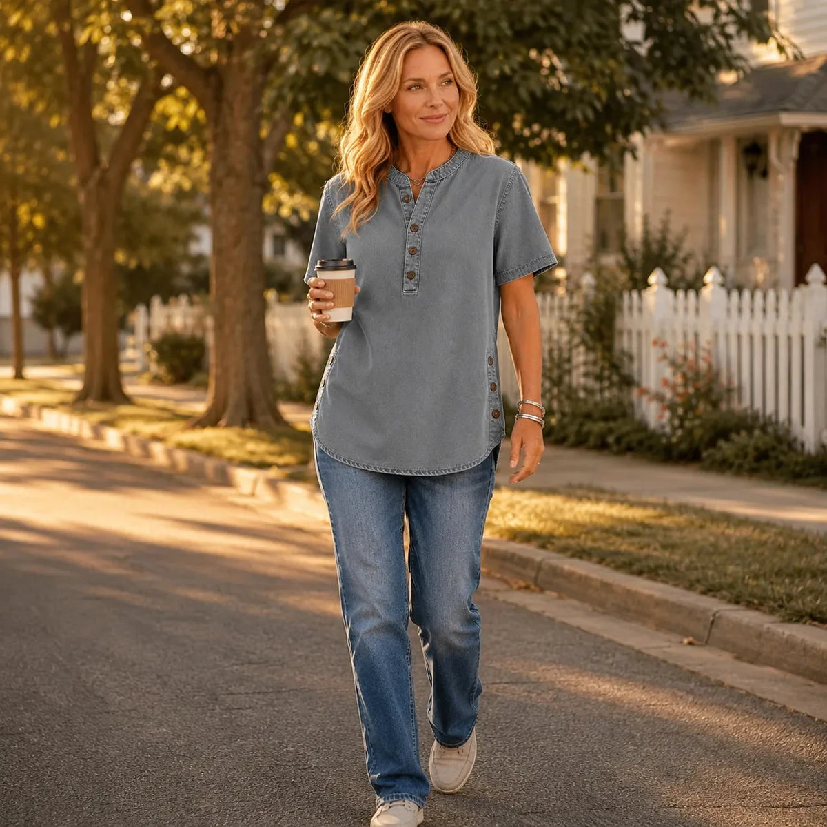 Holly Women Henley Tunic Top with Side Buttons, colour: Grey Wash
