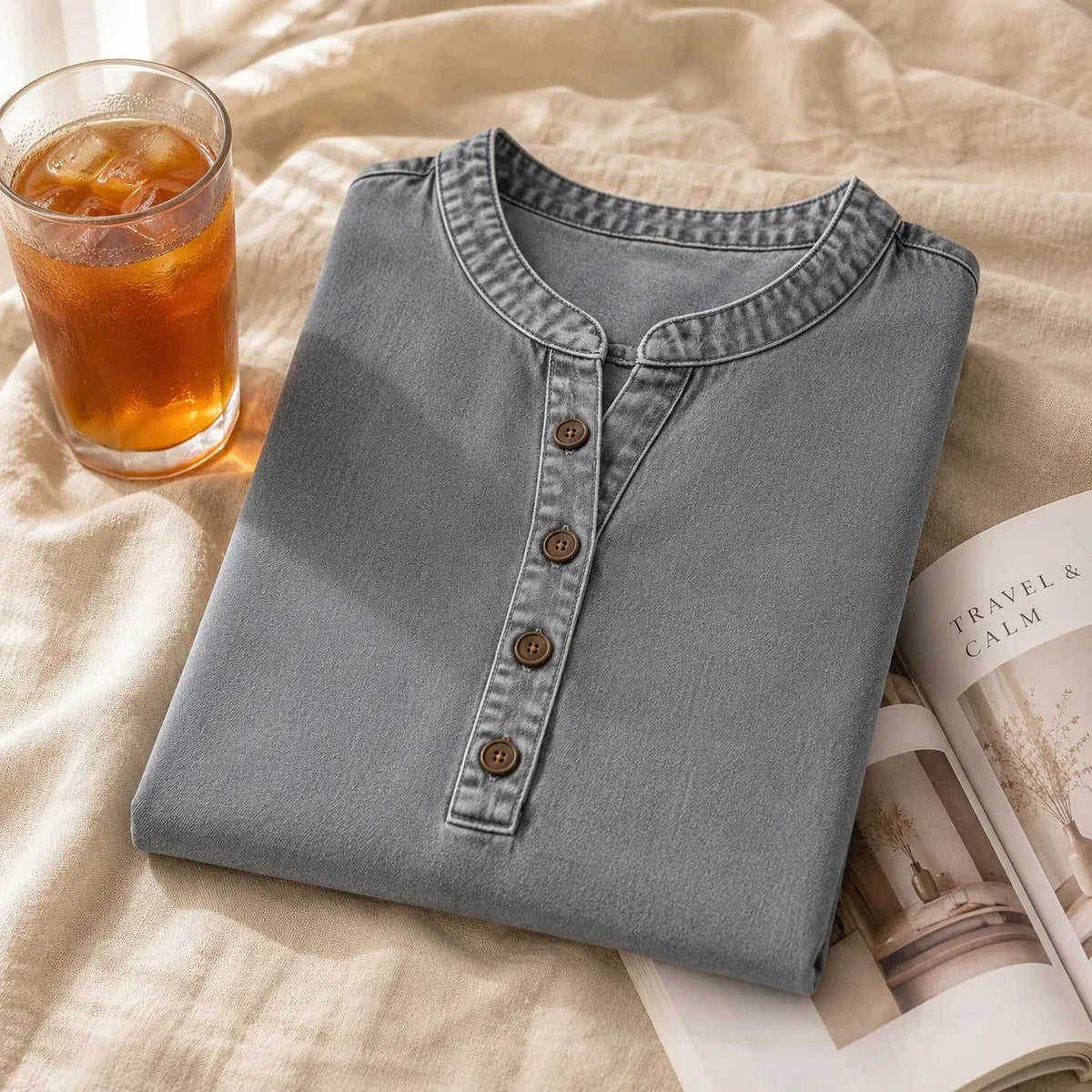 Holly Women Henley Tunic Top with Side Buttons, colour: Grey Wash