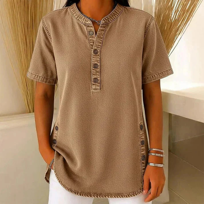 Holly Women Henley Tunic Top with Side Buttons, colour: Brown