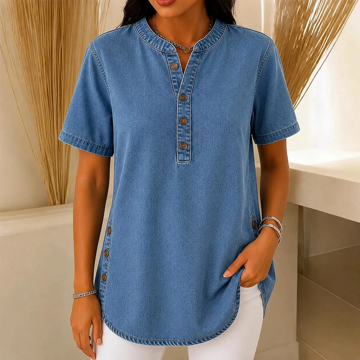Holly Women Henley Tunic Top with Side Buttons, colour: Medium Blue Denim