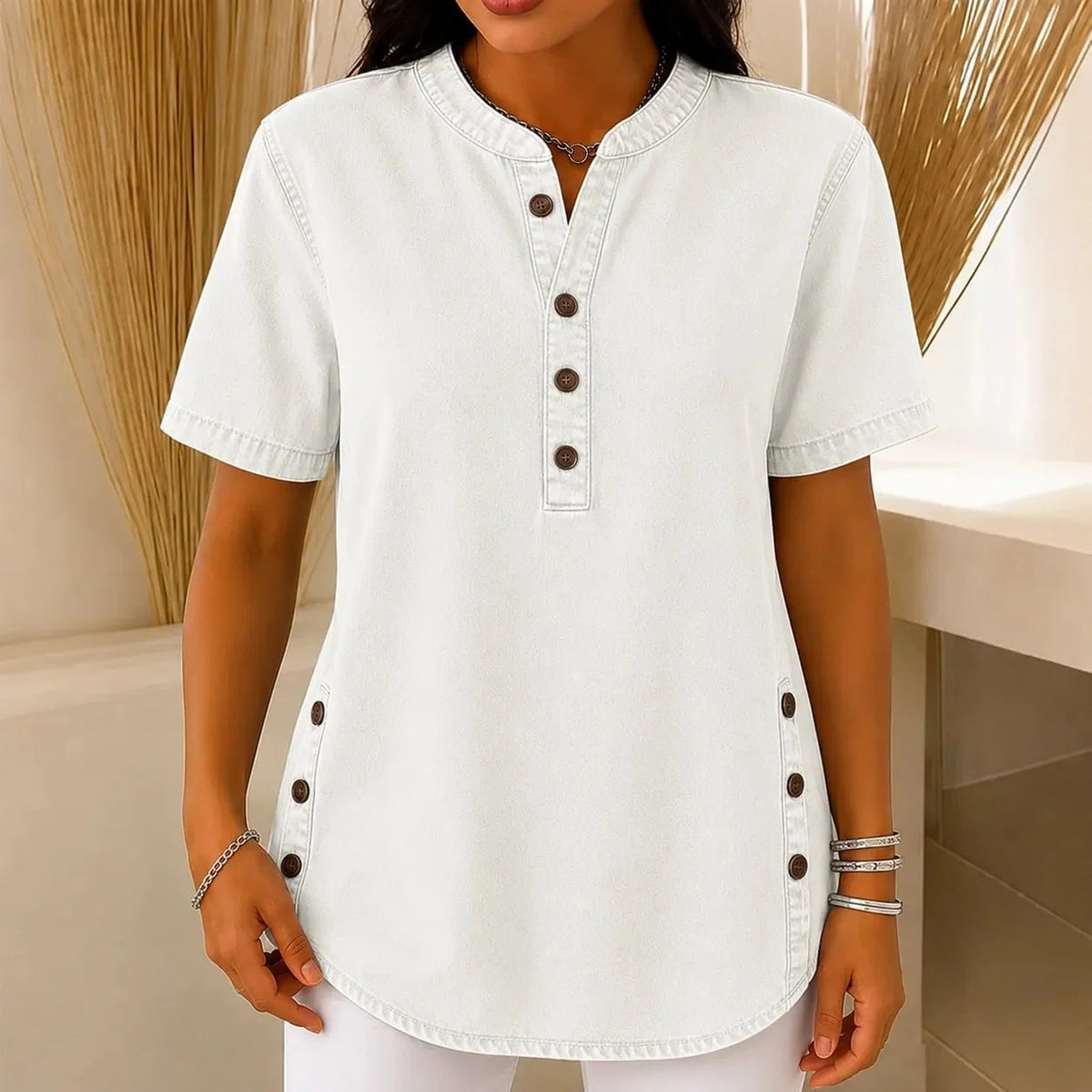 Holly Women Henley Tunic Top with Side Buttons, colour: White