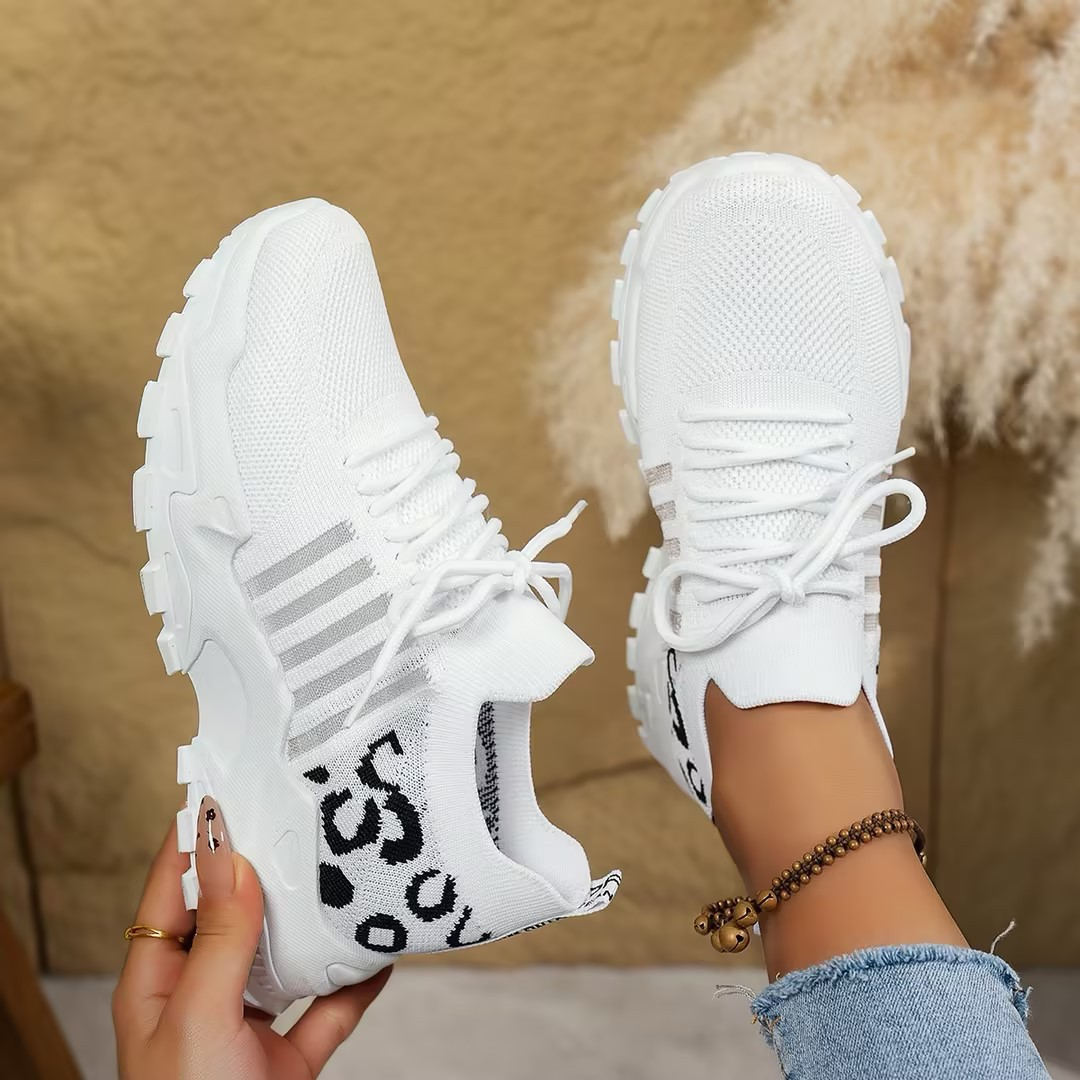 Millie Women Knit Lace Up Chunky Sneakers, colour: White with Leopard Trim