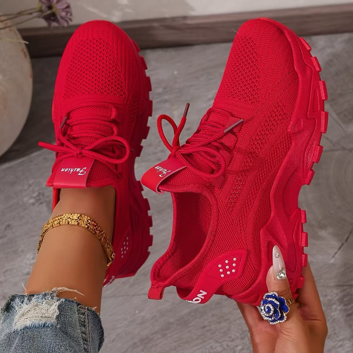 Millie Women Knit Lace Up Chunky Sneakers, colour: Red