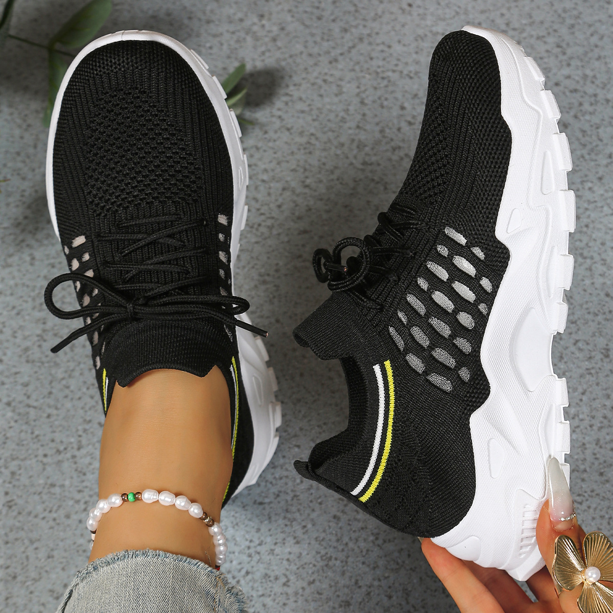 Millie Women Knit Lace Up Chunky Sneakers, colour: Black