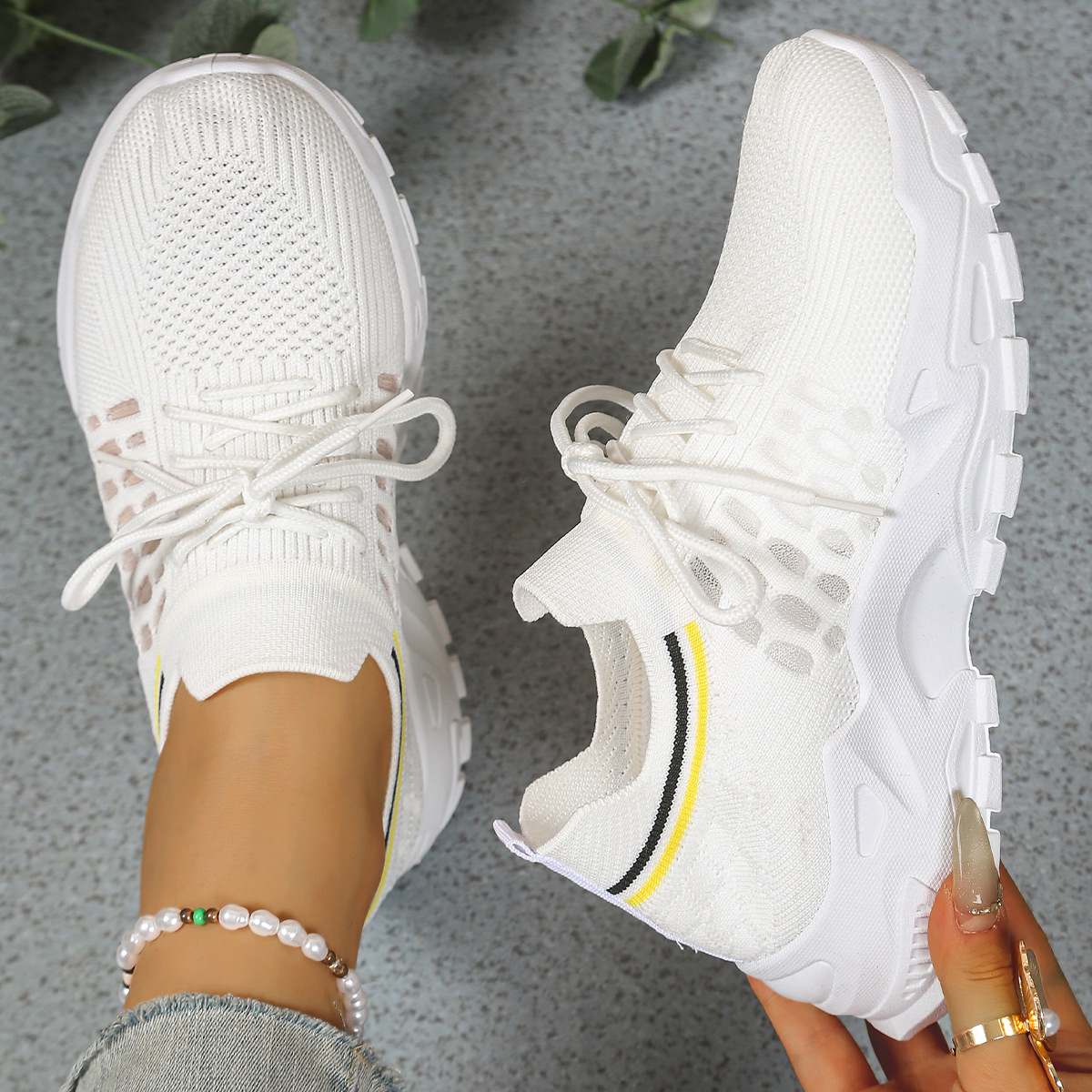 Millie Women Knit Lace Up Chunky Sneakers, colour: White with Blue Trim