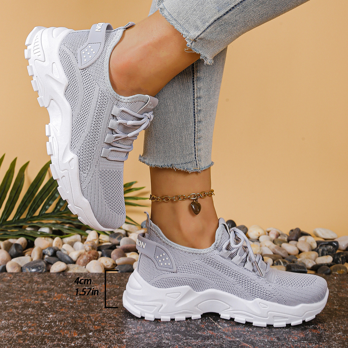 Millie Women Knit Lace Up Chunky Sneakers, colour: Grey
