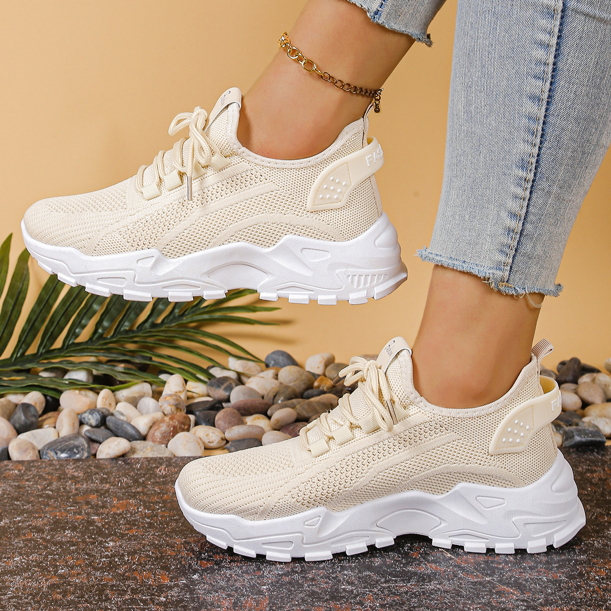 Millie Women Knit Lace Up Chunky Sneakers, colour: Khaki