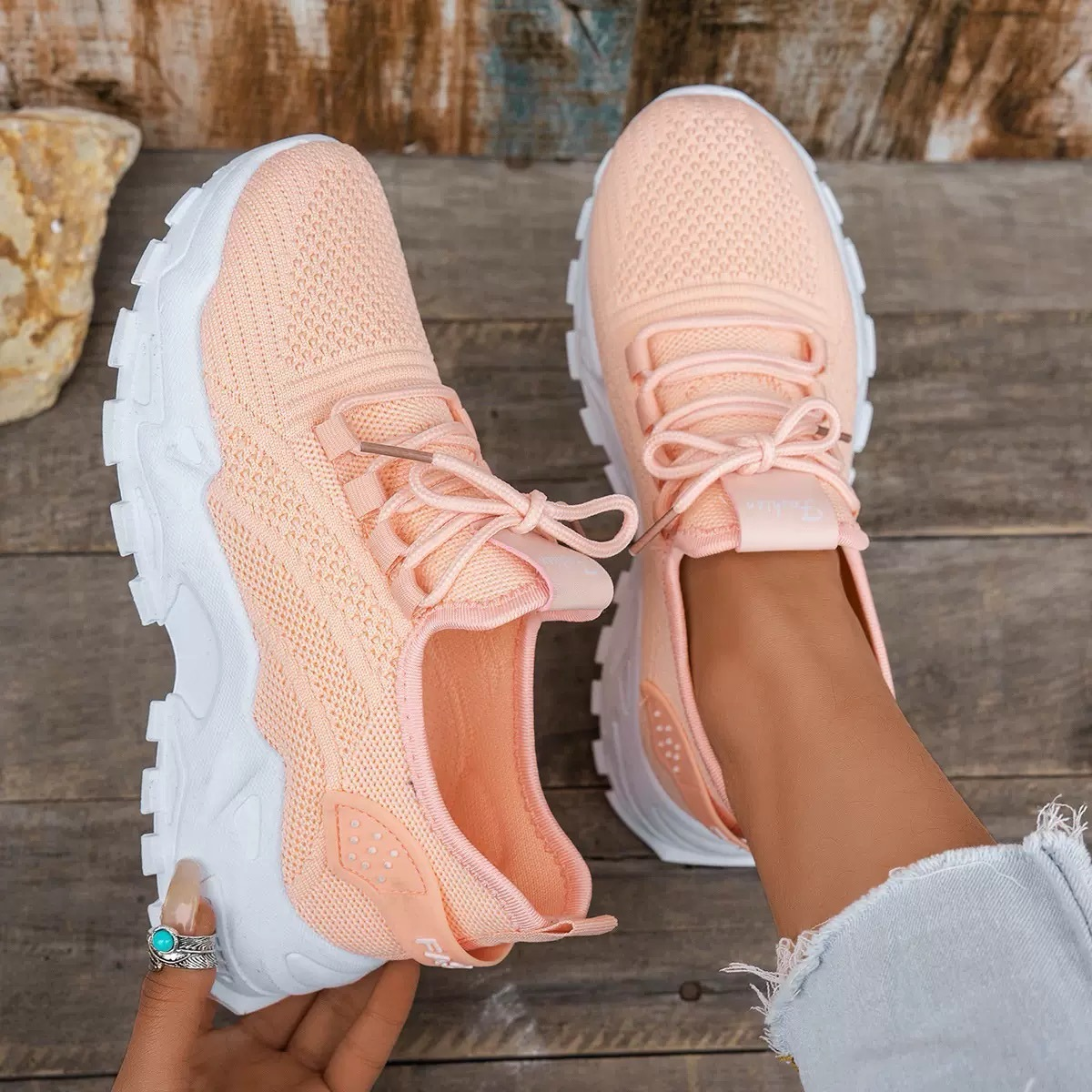 Millie Women Knit Lace Up Chunky Sneakers, colour: Peach