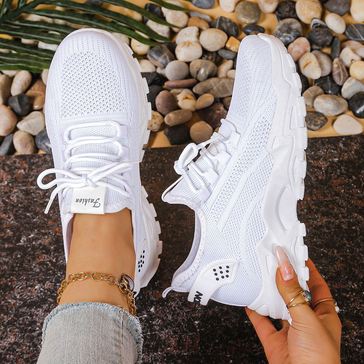 Millie Women Knit Lace Up Chunky Sneakers, colour: All White