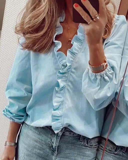 Imogen Women Ruffle V Neck Long Sleeve Blouse, colour: Blue