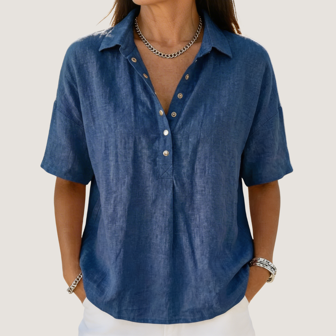 Isla Women Collared Button Neck Short Sleeve Shirt, colour: Blue