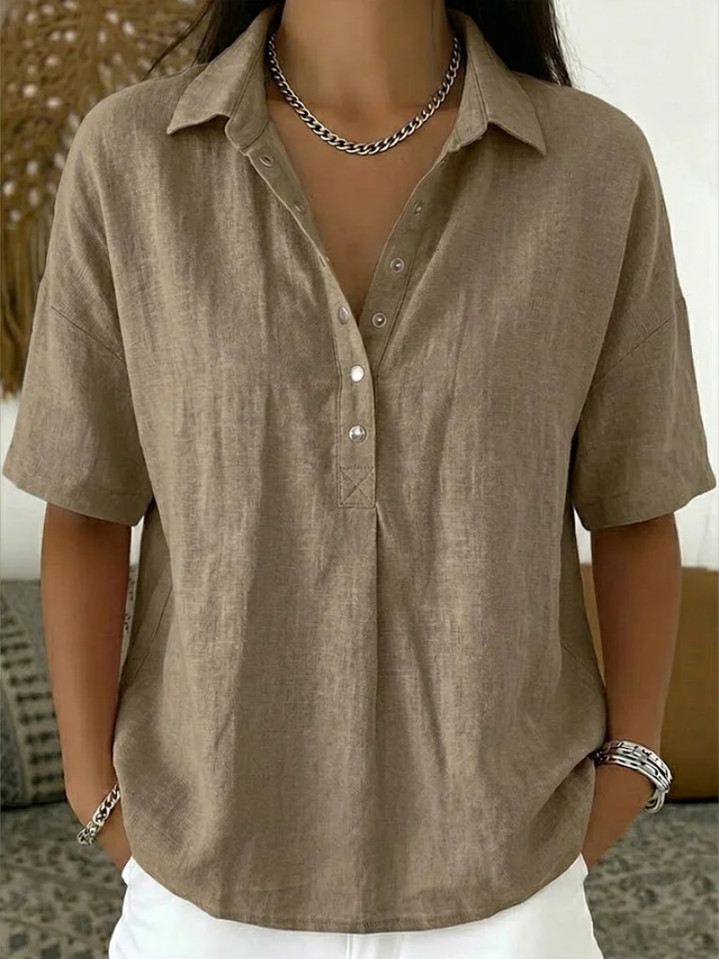 Isla Women Collared Button Neck Short Sleeve Shirt, colour: Khaki