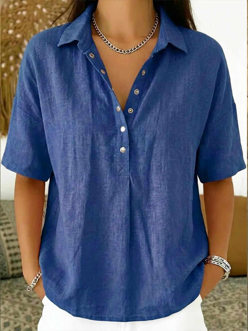 Isla Women Collared Button Neck Short Sleeve Shirt, colour: Blue