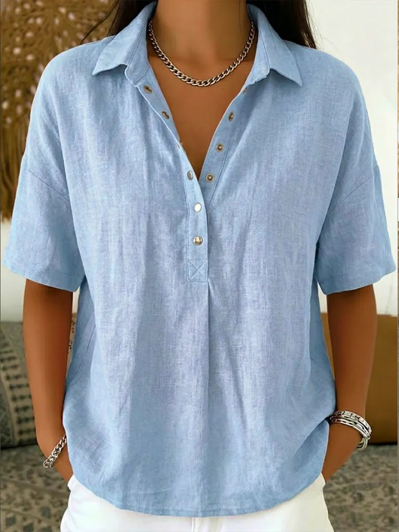 Isla Women Collared Button Neck Short Sleeve Shirt, colour: Light Blue