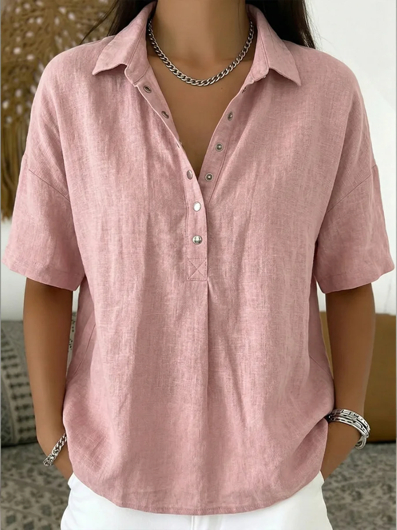 Isla Women Collared Button Neck Short Sleeve Shirt, colour: Pink
