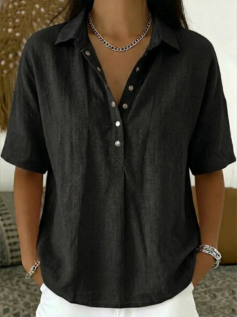 Isla Women Collared Button Neck Short Sleeve Shirt, colour: Black