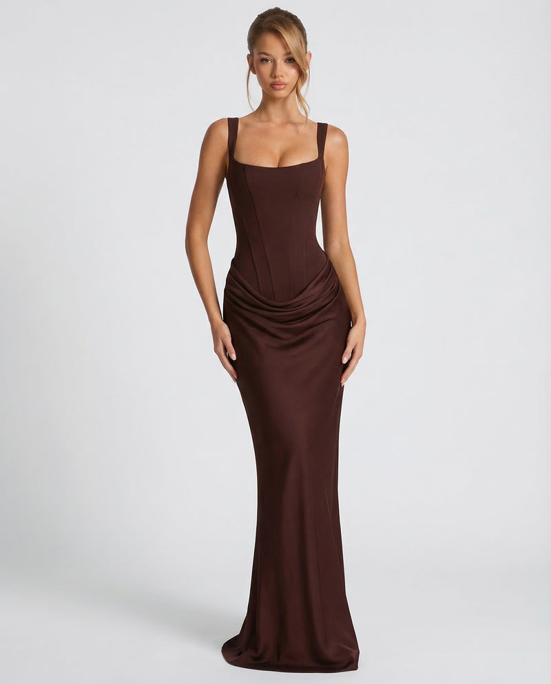 Ivy Women Square Neck Corset Style Maxi Dress, colour: Brown