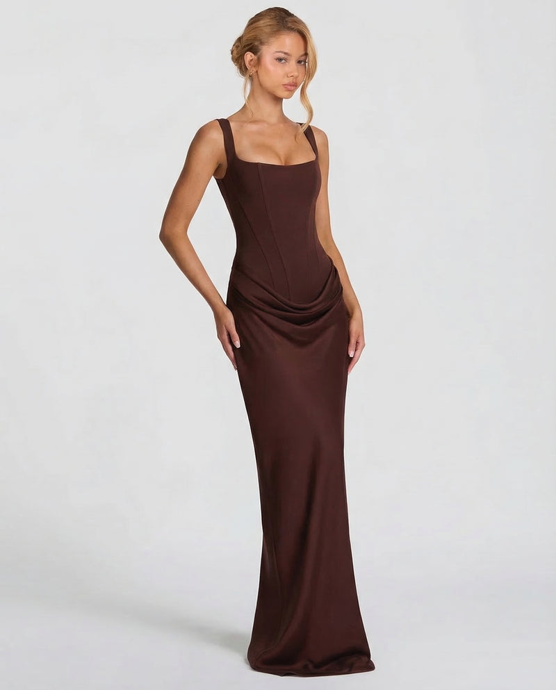 Ivy Women Square Neck Corset Style Maxi Dress, colour: Brown