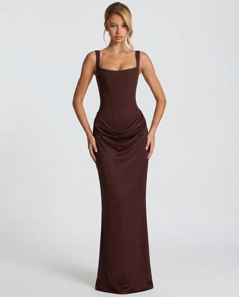 Ivy Women Square Neck Corset Style Maxi Dress, colour: Brown