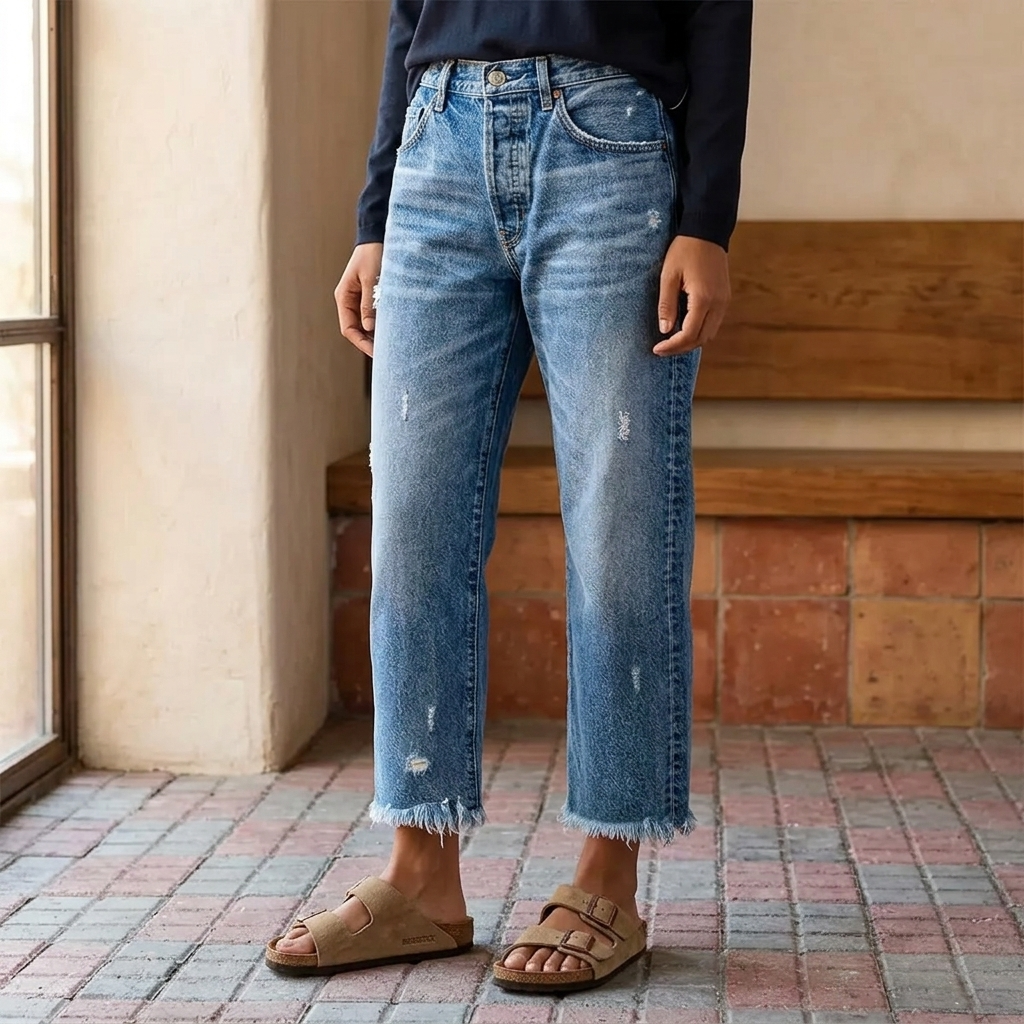 Jasmine Women Frayed Hem Cropped Straight Leg Jeans, colour: Classic Blue