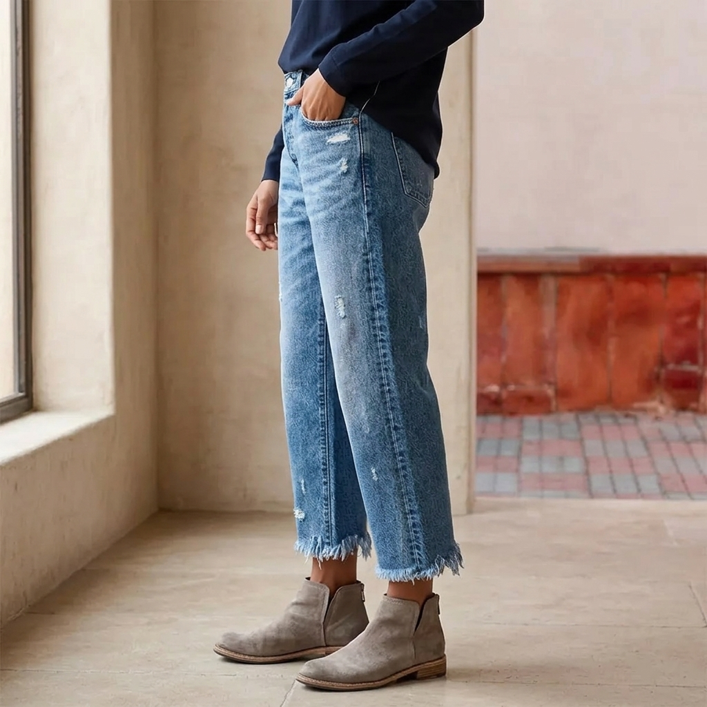 Jasmine Women Frayed Hem Cropped Straight Leg Jeans, colour: Classic Blue