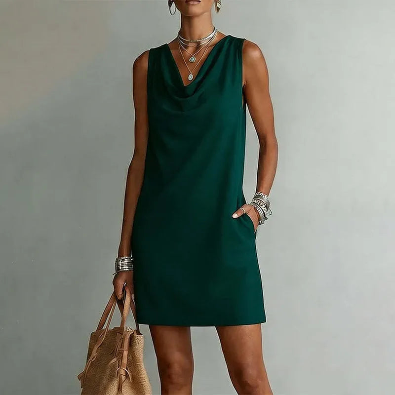 Josie Women Draped Neck Sleeveless Mini Dress with Side Pockets, colour: Green