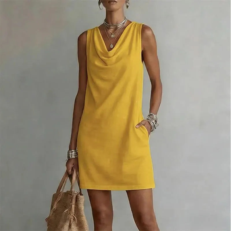 Josie Women Draped Neck Sleeveless Mini Dress with Side Pockets, colour: Yellow