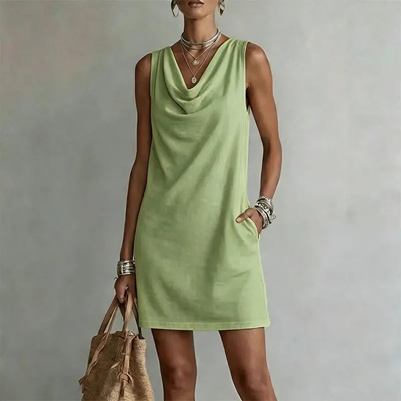 Josie Women Draped Neck Sleeveless Mini Dress with Side Pockets, colour: Matcha Green