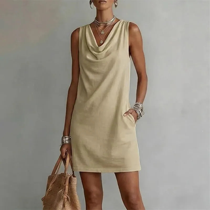Josie Women Draped Neck Sleeveless Mini Dress with Side Pockets, colour: Khaki
