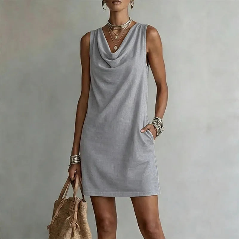 Josie Women Draped Neck Sleeveless Mini Dress with Side Pockets, colour: Grey