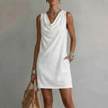 Josie Women Draped Neck Sleeveless Mini Dress with Side Pockets, colour: White