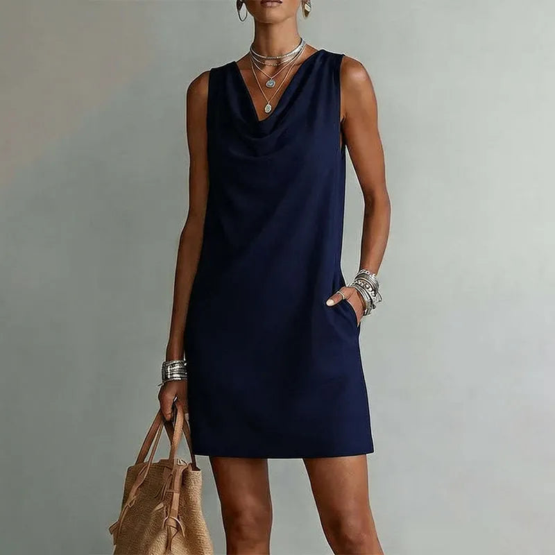 Josie Women Draped Neck Sleeveless Mini Dress with Side Pockets, colour: Navy Blue