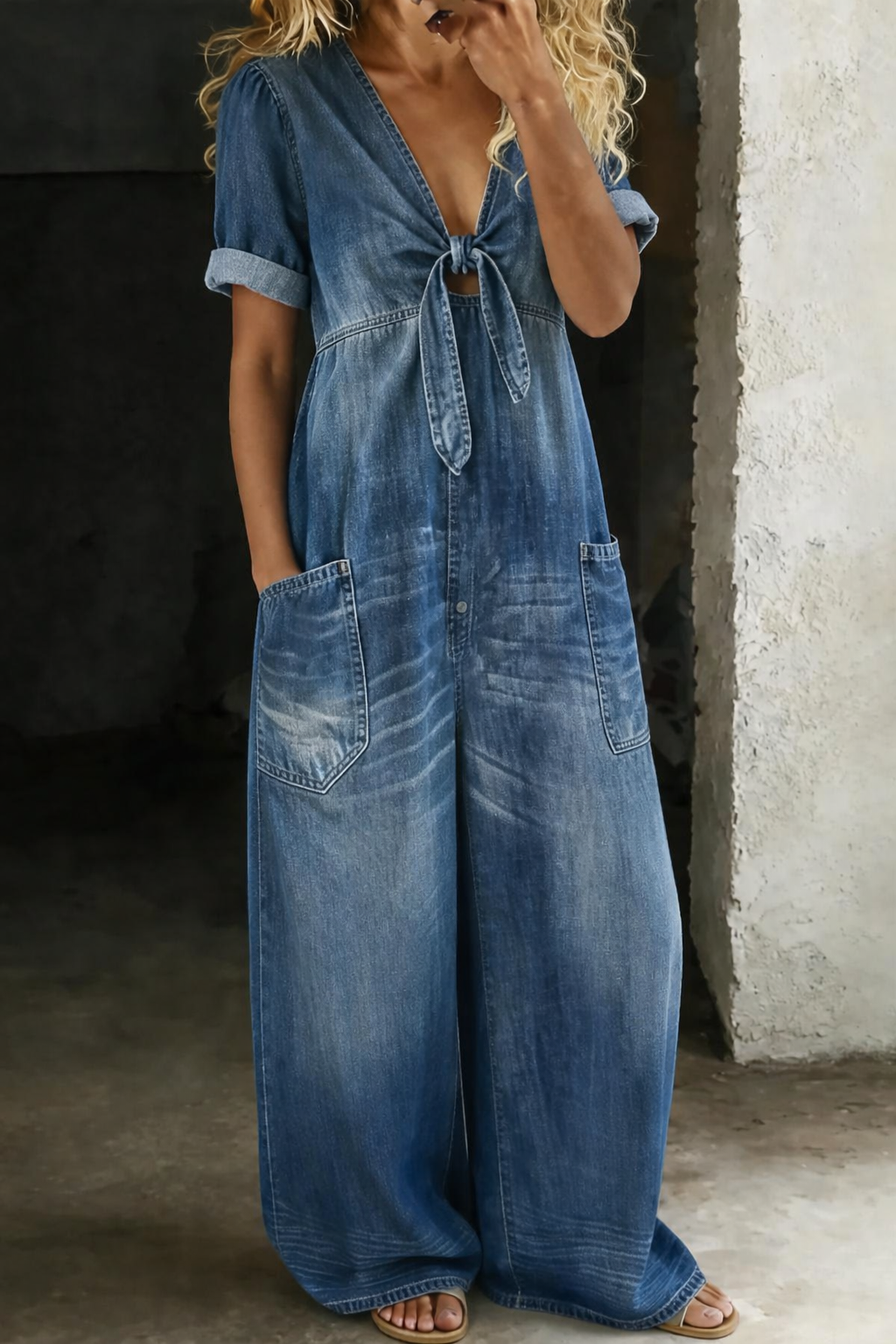Lily Women Denim Tie Front Wide Leg Jumpsuit, colour: Blue