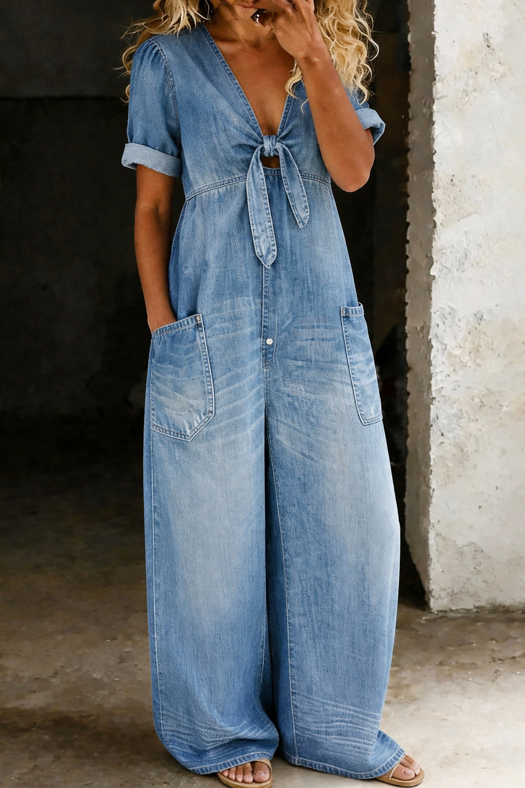 Lily Women Denim Tie Front Wide Leg Jumpsuit, colour: Light Blue