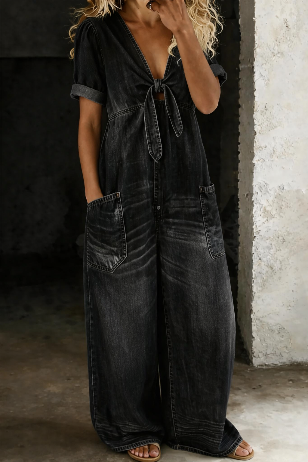 Lily Women Denim Tie Front Wide Leg Jumpsuit, colour: Black