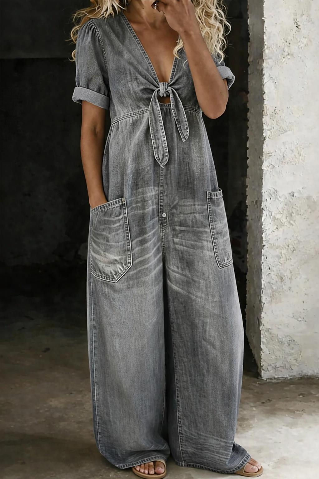 Lily Women Denim Tie Front Wide Leg Jumpsuit, colour: Grey