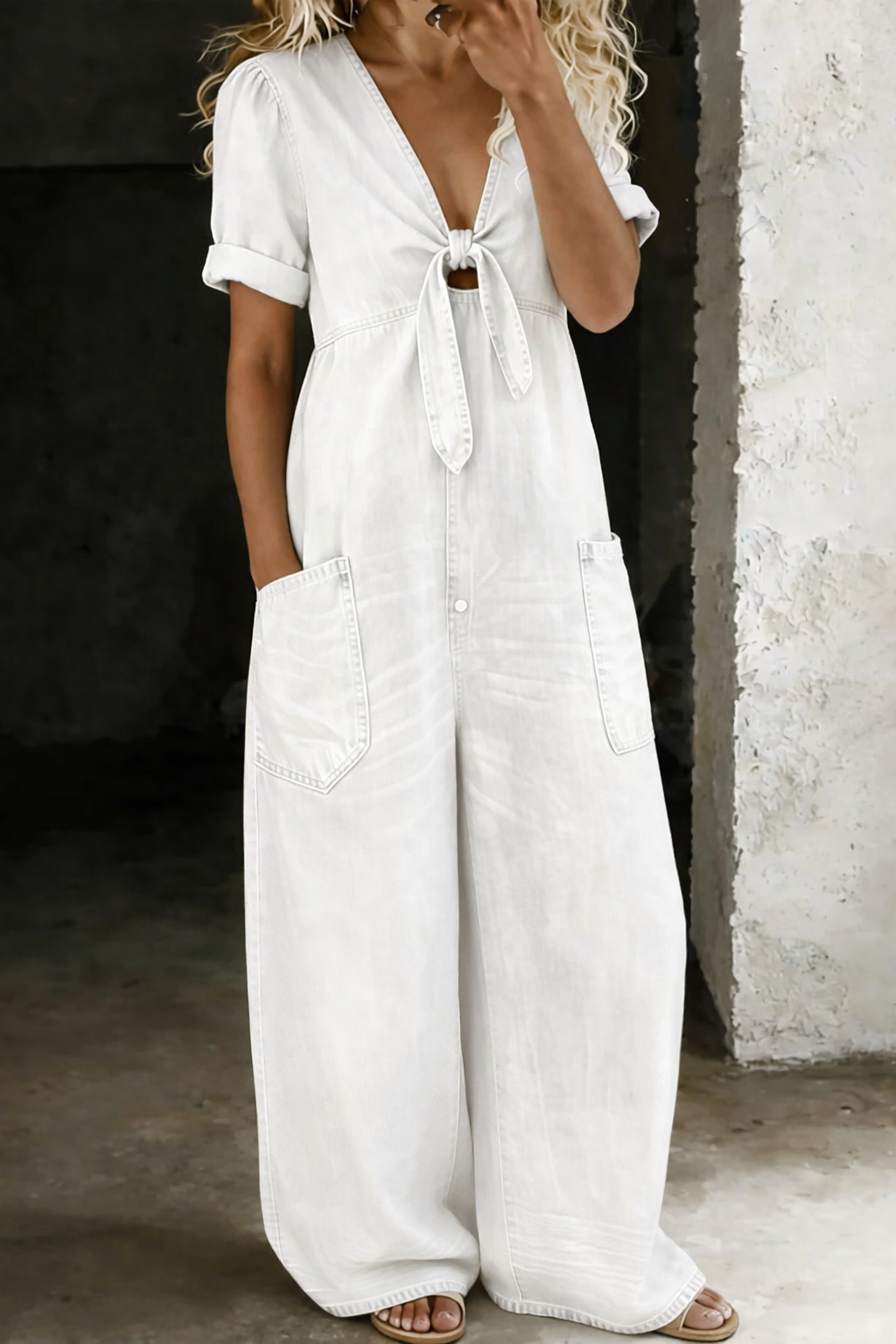 Lily Women Denim Tie Front Wide Leg Jumpsuit, colour: White