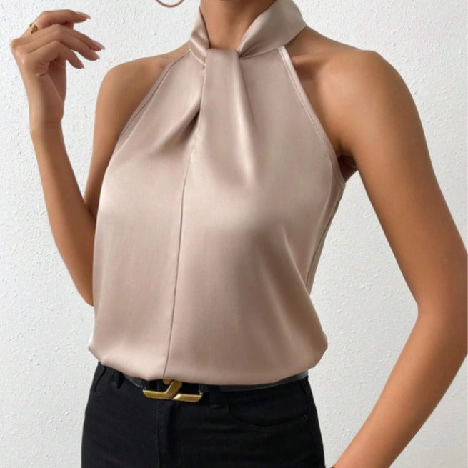 Matilda Women Halter Knot Neck Satin Look Top, colour: Camel