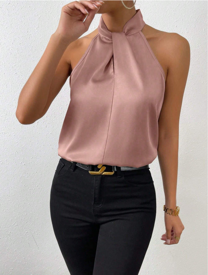 Matilda Women Halter Knot Neck Satin Look Top, colour: Lotus