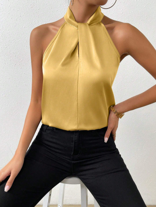 Matilda Women Halter Knot Neck Satin Look Top, colour: Yellow