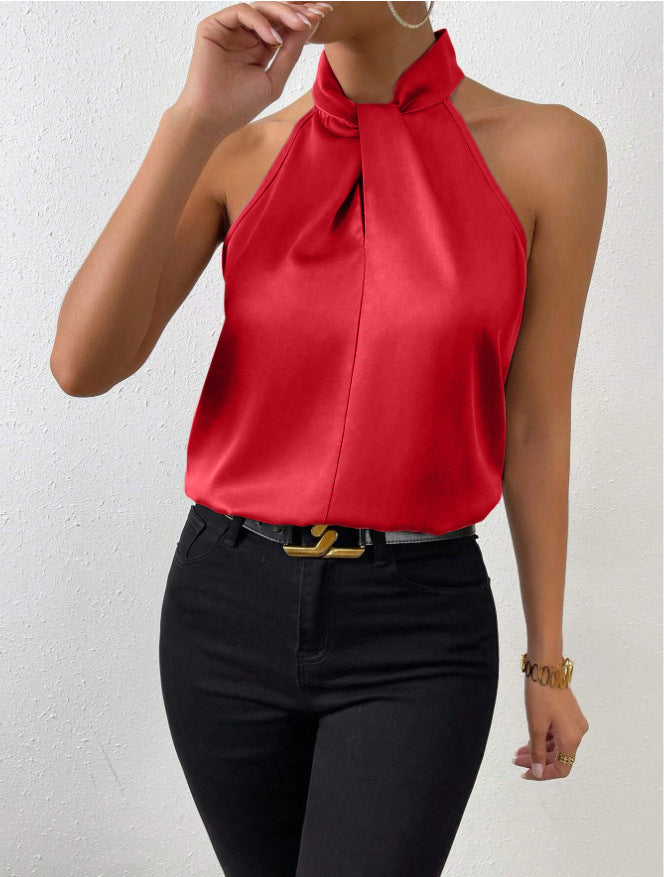 Matilda Women Halter Knot Neck Satin Look Top, colour: Red