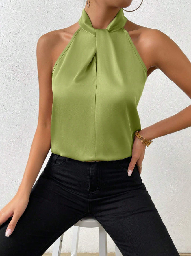 Matilda Women Halter Knot Neck Satin Look Top, colour: Olive