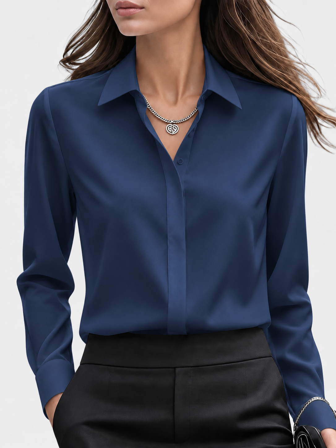 Verity Women Concealed Button Long Sleeve Shirt, colour: Navy Blue