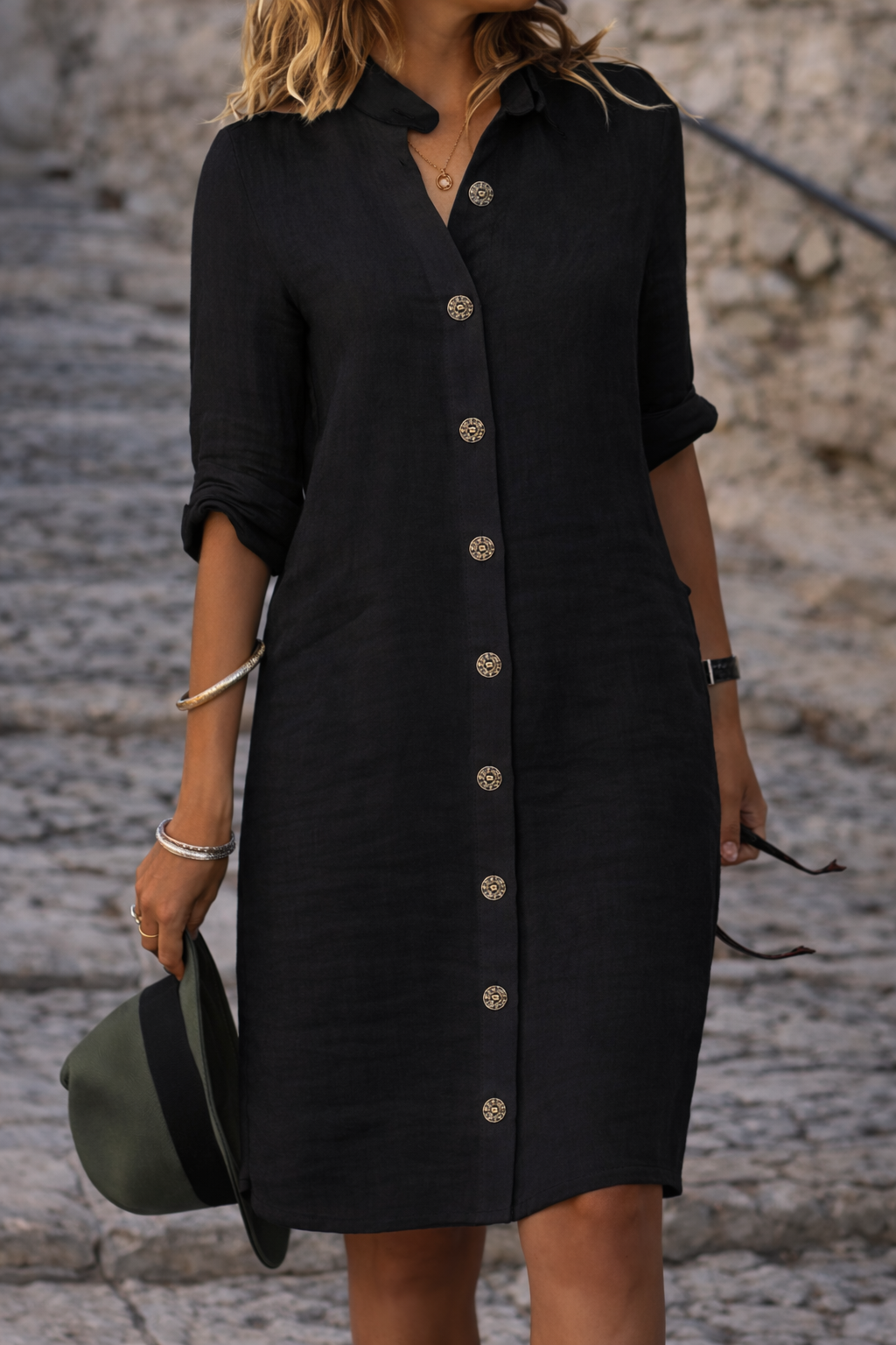 Molly Women Button Front Half Sleeve Shirt Dress, colour: Black