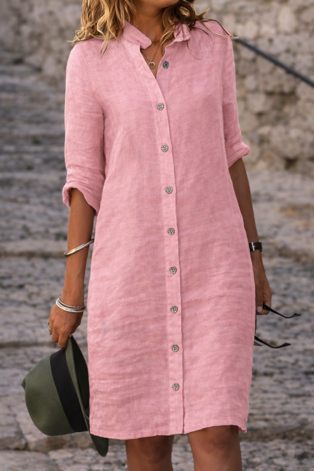 Molly Women Button Front Half Sleeve Shirt Dress, colour: Pink