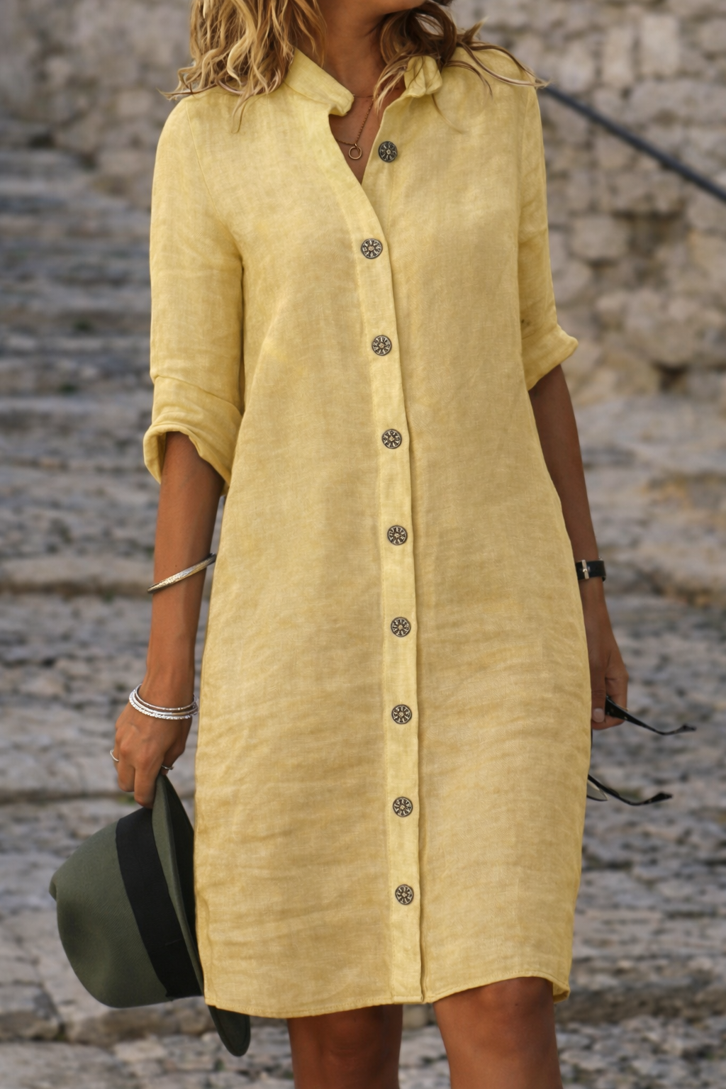 Molly Women Button Front Half Sleeve Shirt Dress, colour: Yellow