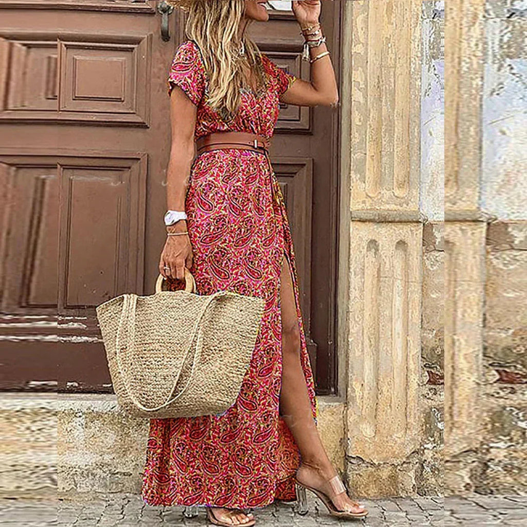 Rosie Women Floral Short Sleeve Maxi Dress with Side Split, colour: Red