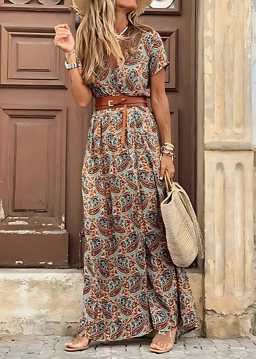 Rosie Women Floral Short Sleeve Maxi Dress with Side Split, colour: Brown